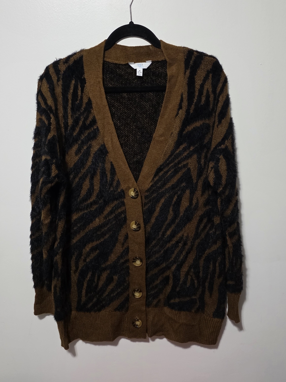 Time and Tru Brown and Black Zebra-Print Button Cardigan